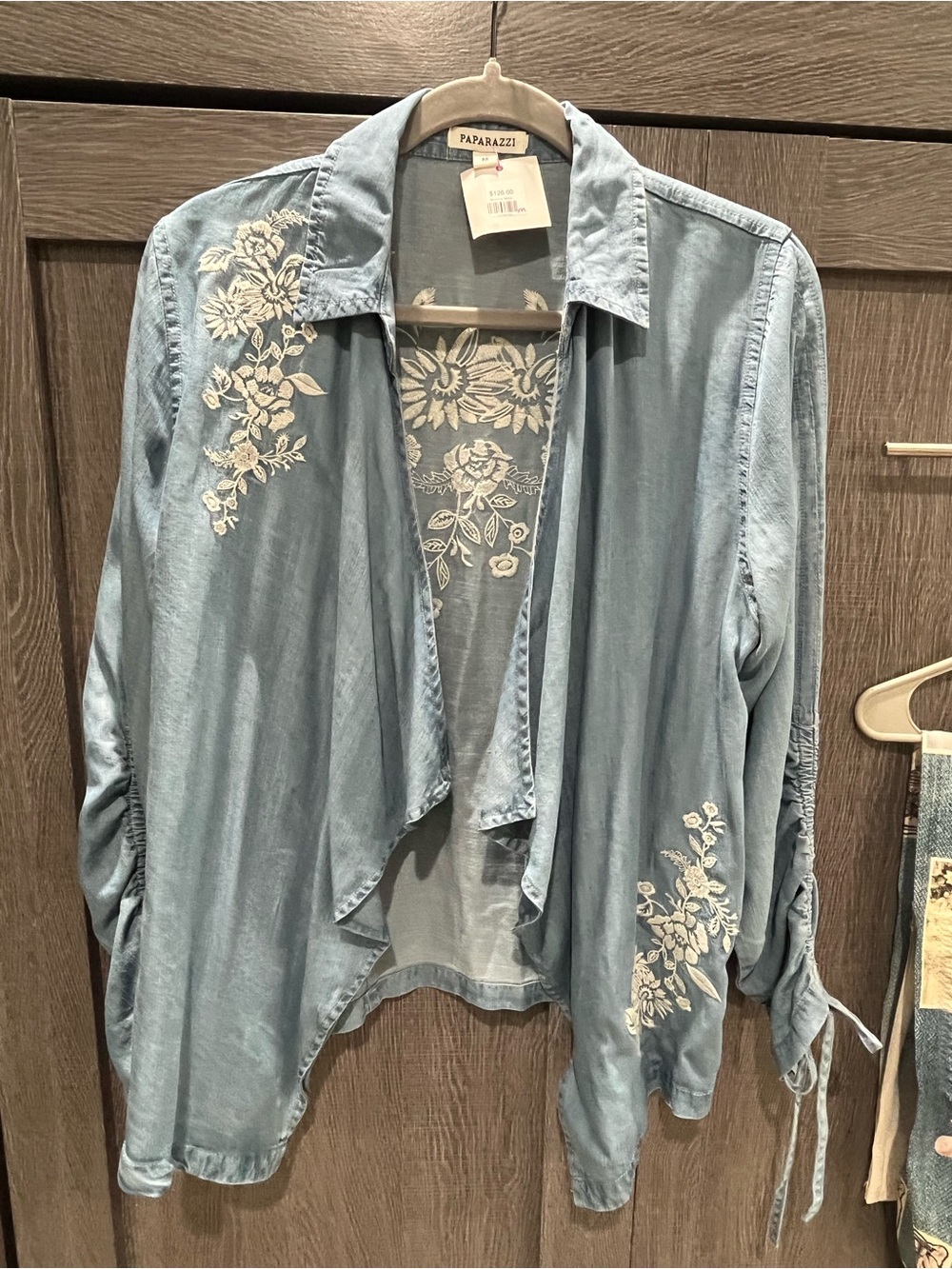 paparazzi Light Blue Open-Front Button-Down with White Floral Embroidery